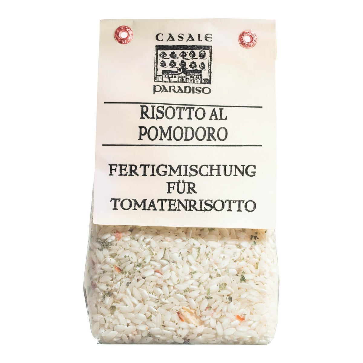 Ein 300-g-Beutel Casale Paradiso Risotto al pomodoro mit Tomaten mit italienischem und deutschem Text auf dem Etikett.