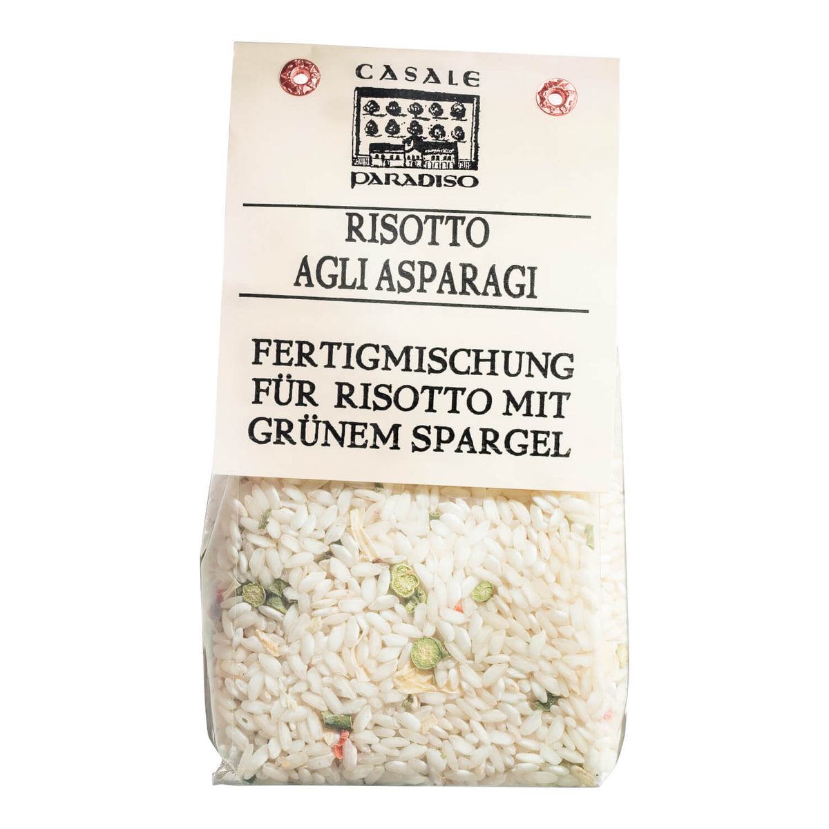 Eine 300-g-Packung Casale Paradiso Risotto agli asparagi mit grünem Spargel, mit italienischer und deutscher Beschriftung.