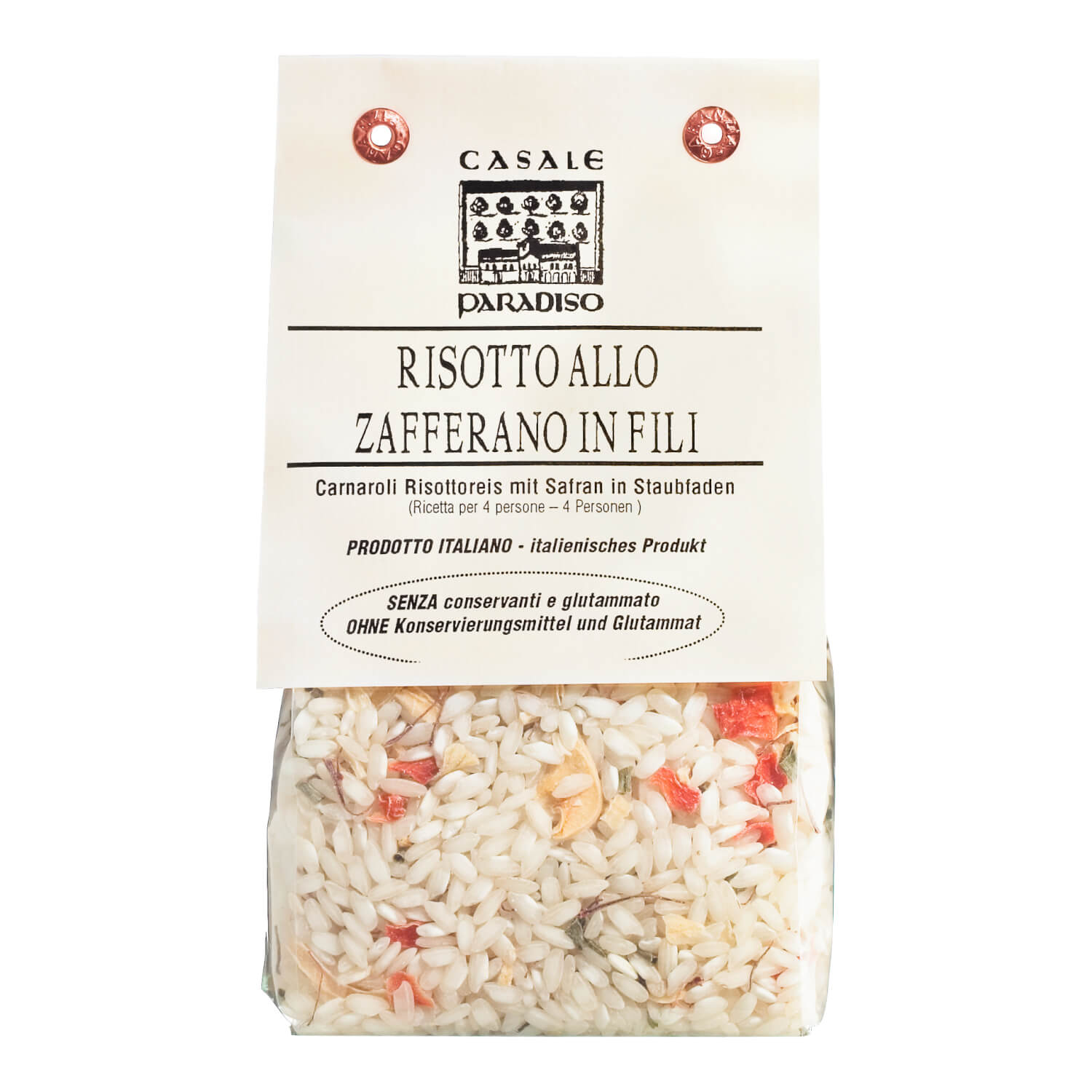 Casale Paradiso Risotto allo Zafferano in Fili, 300g: Safran-Risotto-Mischung mit sichtbaren Reis- und Gemüsestücken, die durch die durchsichtige Verpackung sichtbar sind.