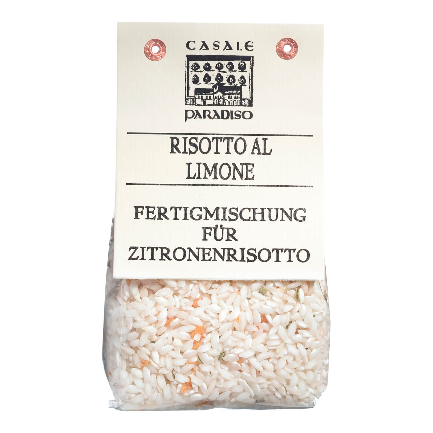 Eine 300-g-Packung Casale Paradiso Risotto al limone (Zitronenrisotto) mit sichtbaren Reis- und Gemüsestücken im Inneren.