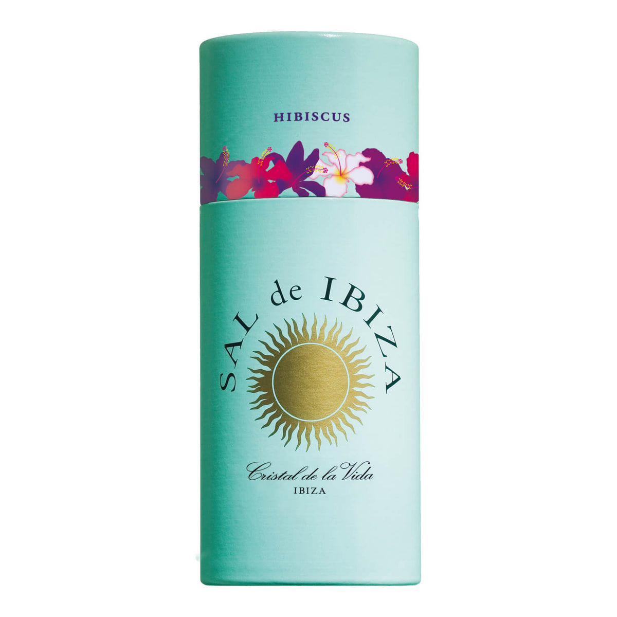 Eine türkisfarbene Granito Streuer mit Meersalz & Hibiskusblüten von Sal de Ibiza GmbH, 90 g, mit einem goldenen Sonnenlogo und "HIBISCUS" über einem floralen Band im oberen Bereich.