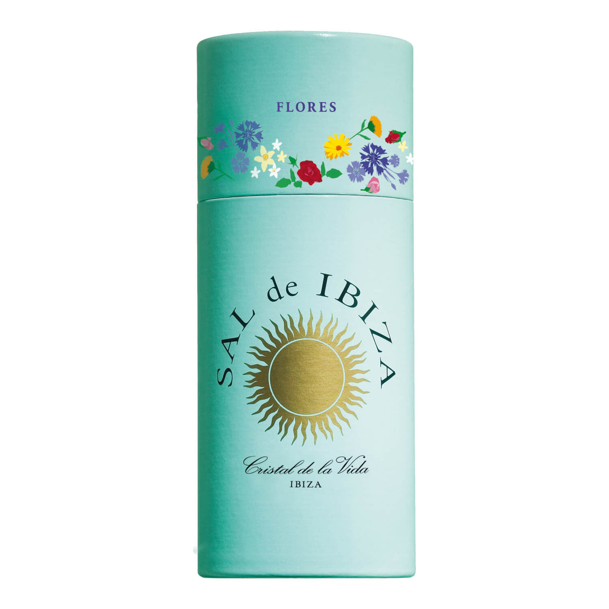 Das Granito Streuer mit Meersalz & Blütenblätter von Sal de Ibiza GmbH ist ein türkisfarbener 75g Salzbehälter mit einem goldenen Sonnenlogo und bunten Blumenillustrationen am oberen Rand.