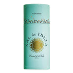 Türkisfarbener 75g-Behälter der Sal de Ibiza GmbH Granito Streuer Gomasio mit Meersalz & geröstetem Sesam, mit goldenem Sonnenlogo und dekorativem Samenmuster.