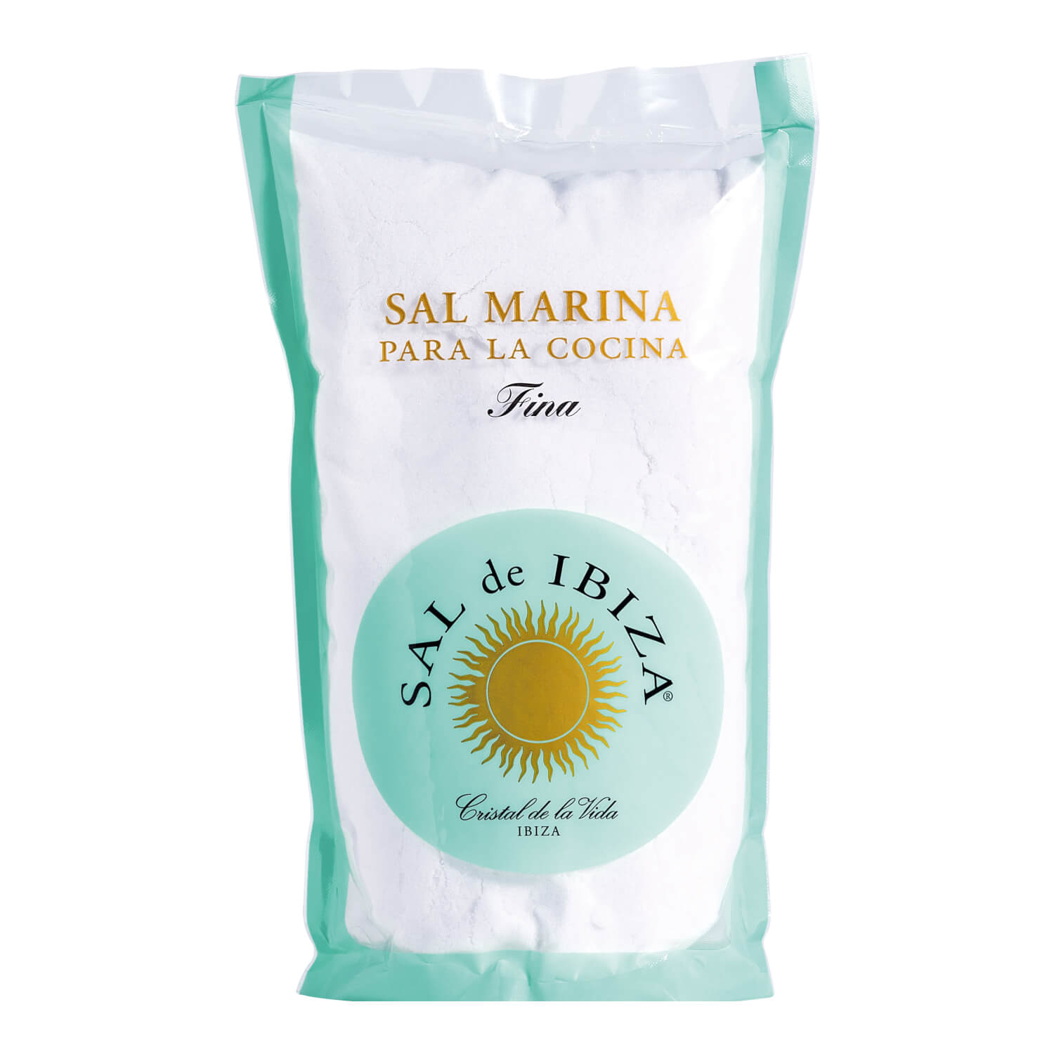 Ein 1 kg Sack Naturbelassenes, feines Meersalz ohne Zusatzstoffe von Sal de Ibiza GmbH in türkis-goldener Verpackung.