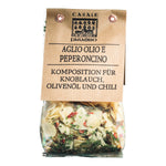 Ein durchsichtiger 100g-Beutel Casale Paradiso Gewürzmischung olio e peperoncino mit einem braunen Etikett.