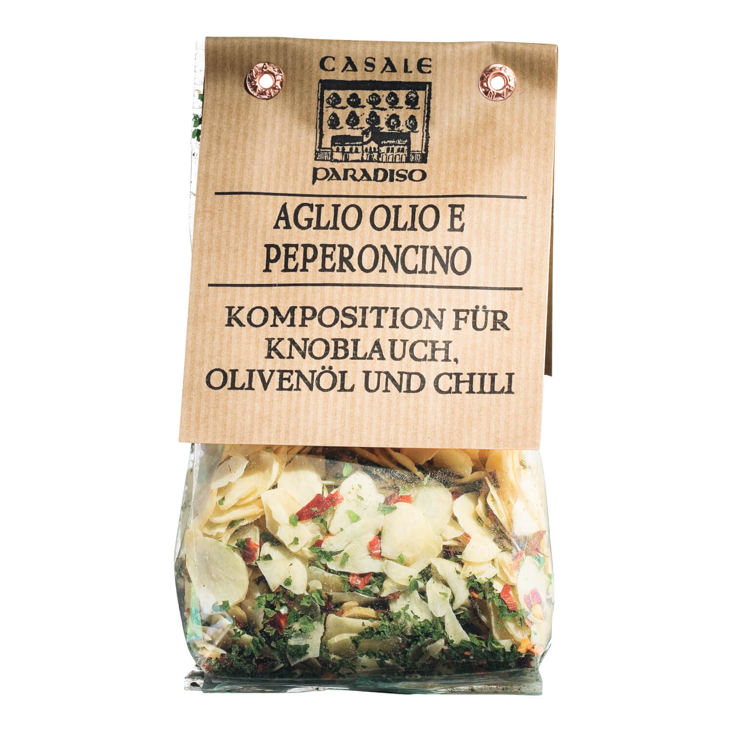 Ein durchsichtiger 100g-Beutel Casale Paradiso Gewürzmischung olio e peperoncino mit einem braunen Etikett.