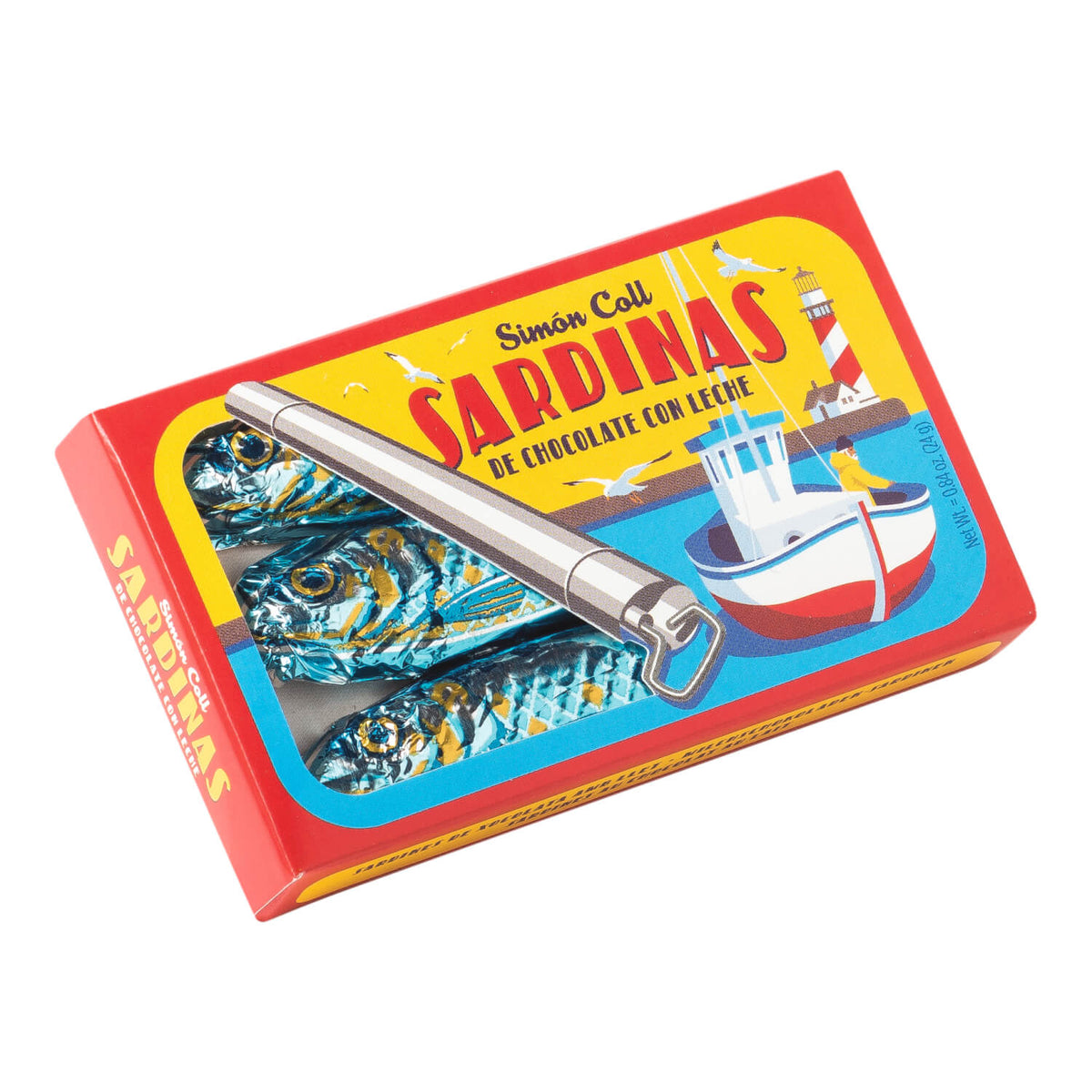 Bei den "Sardinen aus Vollmilchschokolade" (24 g) von Simón Coll handelt es sich um Milchschokoladen, die wie Sardinen geformt und in einer bunten Schachtel verpackt sind, die an eine Sardinendose erinnert.