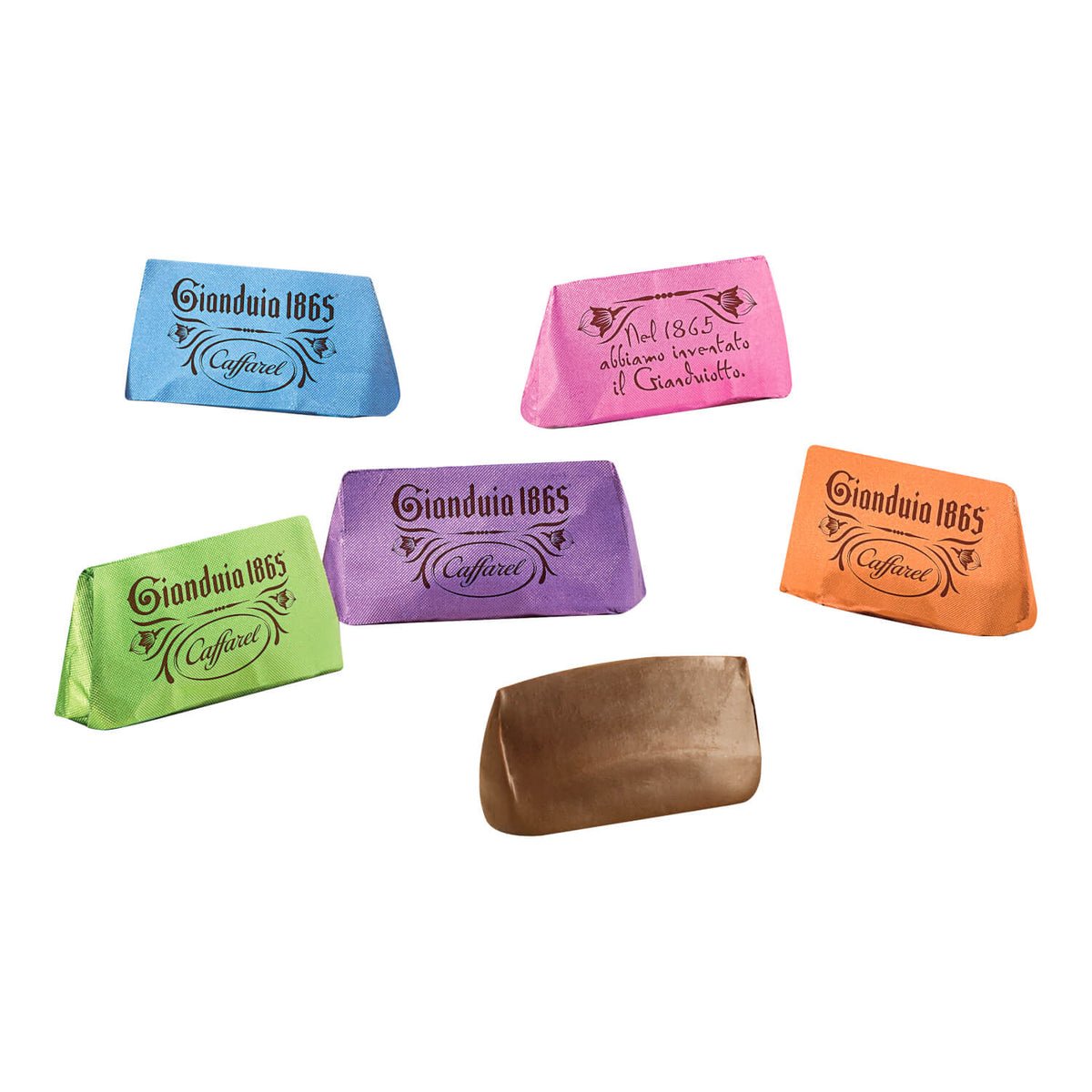 Sechs Gianduiotti Regenbogen Haselnuss-Nougat-Pralinen von Caffarel S.p.A., jeweils in bunter Folie, umgeben in der Mitte eine unverpackte rechteckige Schokolade (insgesamt 100 g).