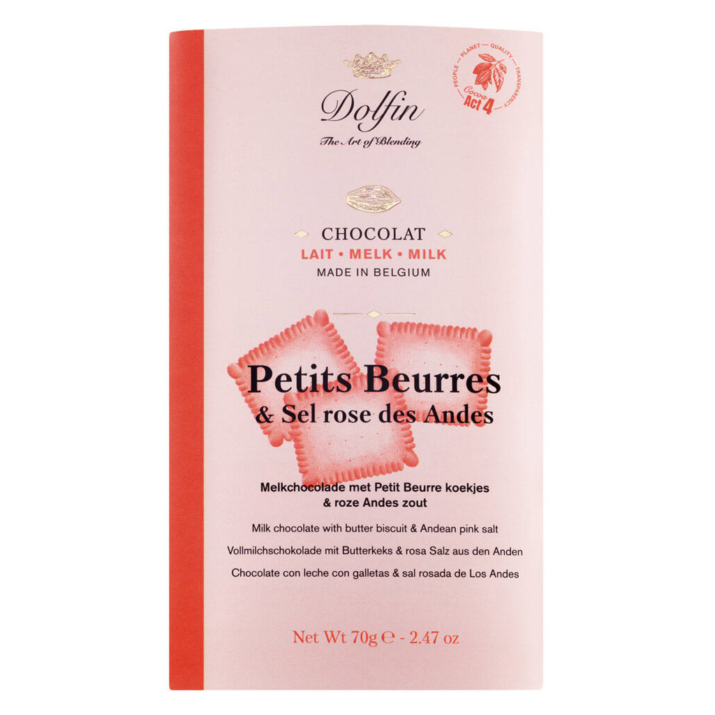 Eine rosafarbene Verpackung von Dolfin Schokolade mit zwei Keksen und dem Text "Vollmilchschokolade mit Butterkeksen & rosa Salz, 70 g".