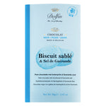 Eine blaue Packung Dolfin Schokolade Zartbitterschokolade mit Spritzgebäck & Salz, 70 g, hergestellt in Belgien.