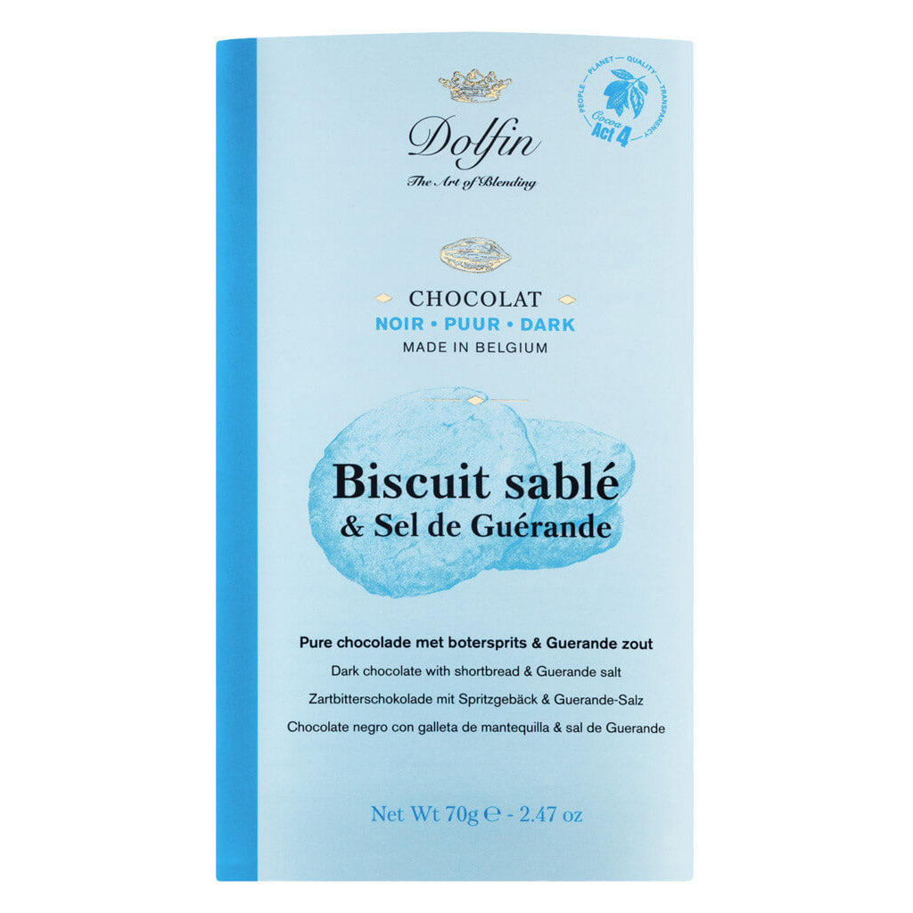 Eine blaue Packung Dolfin Schokolade Zartbitterschokolade mit Spritzgebäck & Salz, 70 g, hergestellt in Belgien.