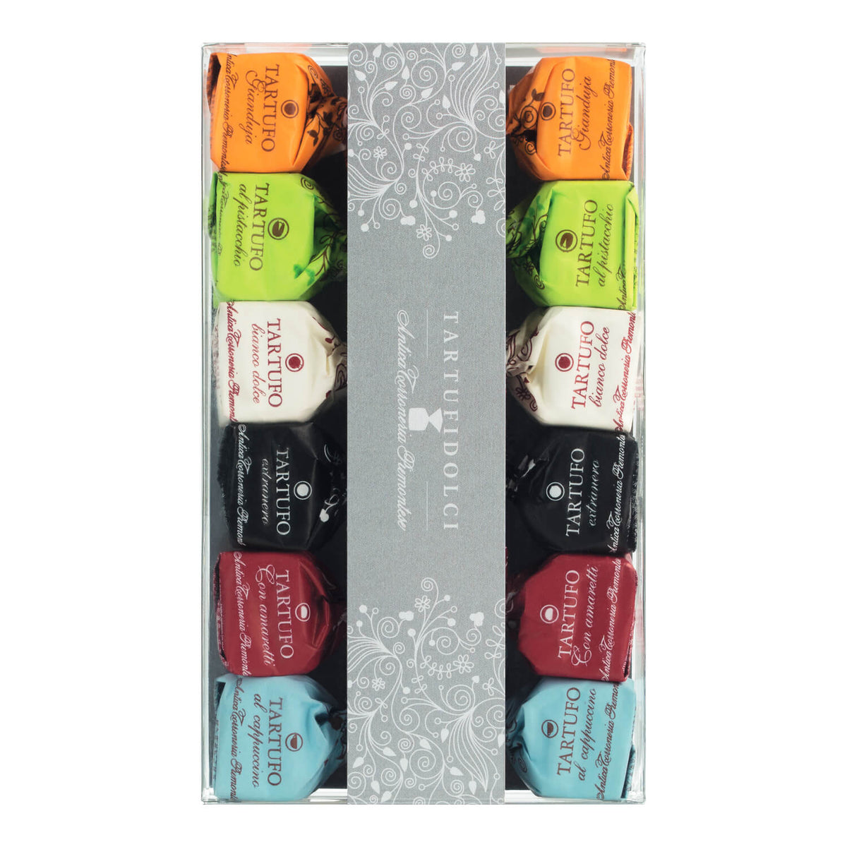 Tartufi dolci misti - 12er Packung von Antica Torroneria Piemontese: Gemischte Trüffelpralinen in bunten Folien, elegant arrangiert und mit silbernem Band dekoriert, 165 g.