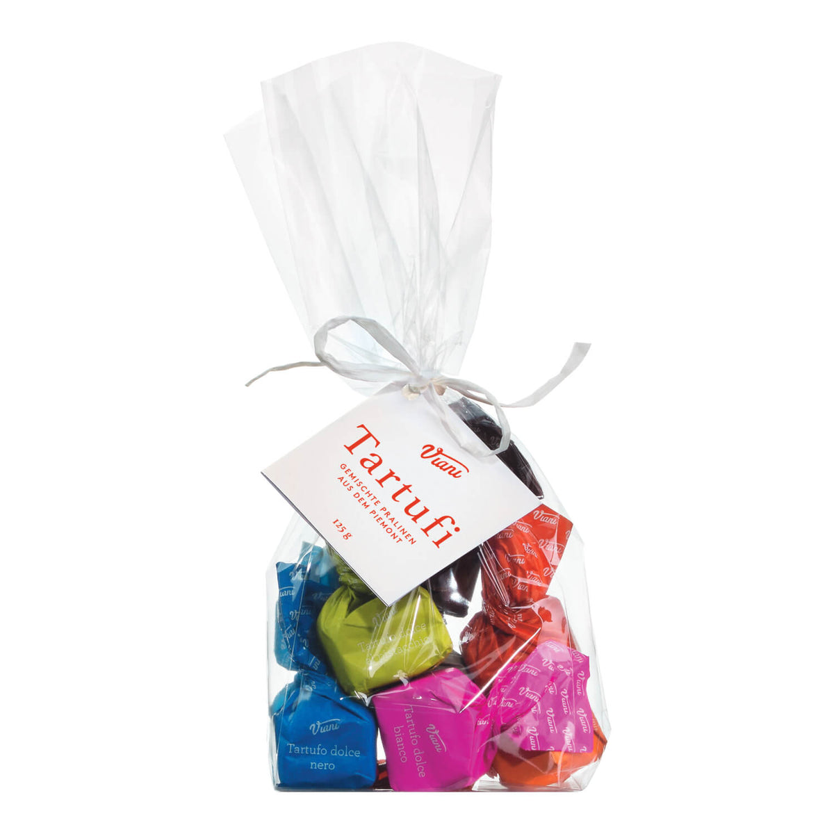 Ein durchsichtiger Beutel mit Viani & Co. Tartufi dolci del Piemonte - eine Auswahl an Trüffelpralinen in 9 Geschmacksrichtungen (125 g) - mit einem weißen Produktanhänger.