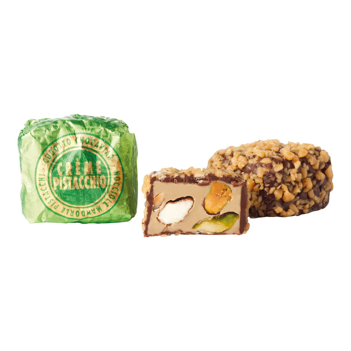 Venchi Praline aus Zartbitterschokolade mit Pistaziencreme, 100 g: Dunkle Schokolade in grünem Wrapper, neben einer angeschnittenen Praline mit sichtbaren Pistazien und Nüssen, umhüllt von Haselnüssen.