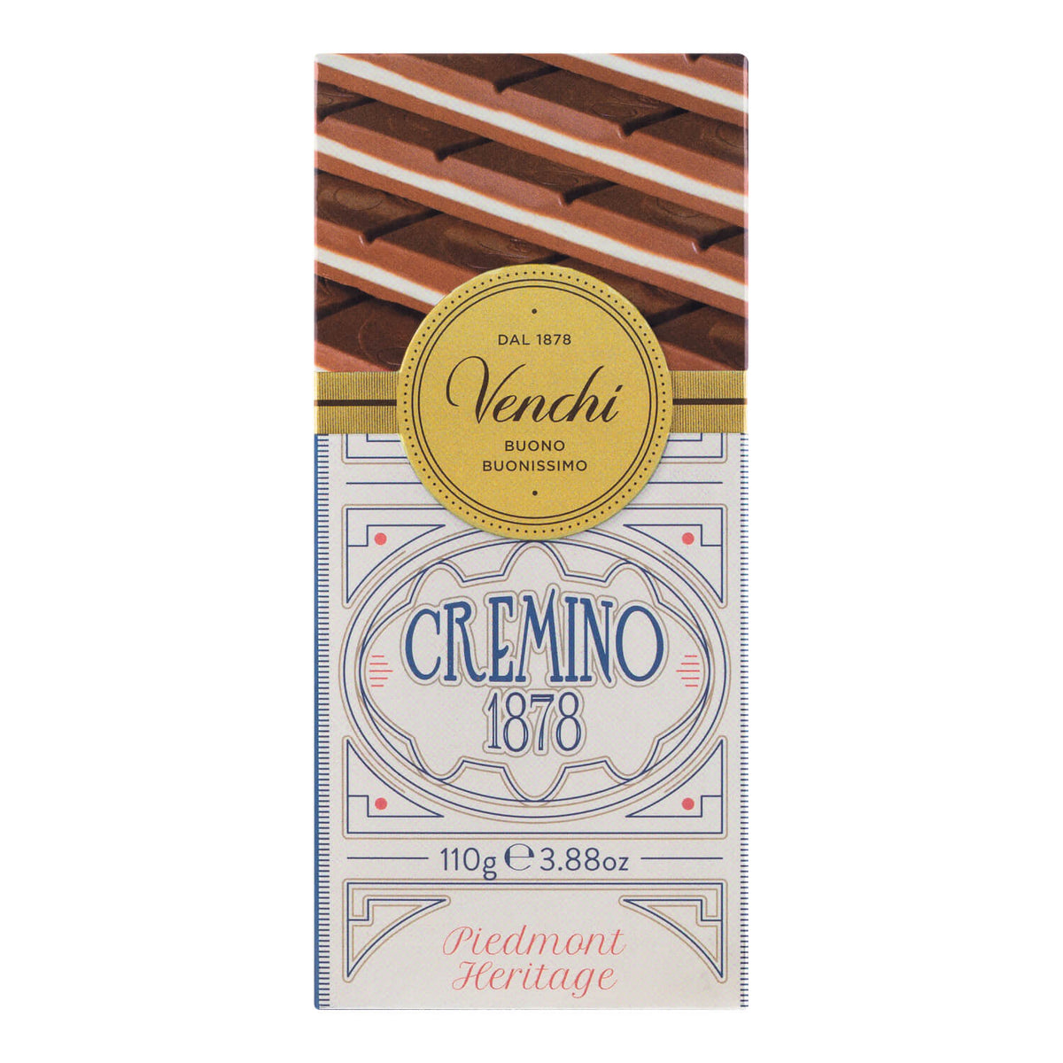 Venchi Cremino 1878 Bar Milch-Gianduiaschokolade mit Mandelpaste, 110 g, in dekorativer Verpackung mit dem Produktnamen und dem goldenen Siegel auf der Vorderseite.