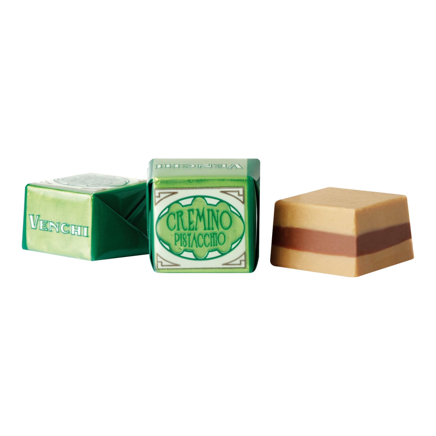 Drei Venchi Schichtpralinen aus Gianduia-Pistaziencreme, zwei verpackt und eine unverpackt mit sichtbarer Schichtung (100 g).