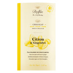 Vorderseite eines Riegels Dolfin Schokolade Citron & Gingembre Zartbitterschokolade mit Zitrone und Ingwer 70g, mit Abbildungen von gelber Zitrone und Ingwer.