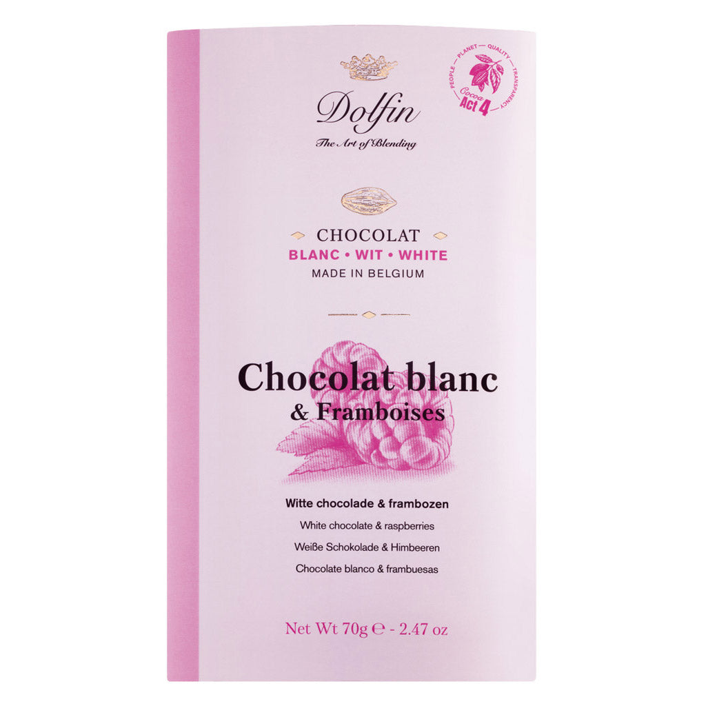 Dolfin Schokolade Weiße Schokolade mit Himbeeren, 70 g - rosa-weiße Verpackung mit Himbeeren.