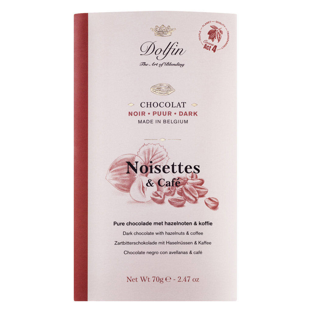 70 g Dolfin Schokolade Noisettes & Café Zartbitterschokolade mit Haselnüssen und Kaffee, mit Abbildungen von Nüssen und Kaffeebohnen auf der Verpackung.