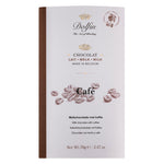 Dolfin Schokolade Café Vollmilchschokolade mit Kaffee, 70 g - Milchschokoladentafel mit Kaffee, verpackt in einer weißen Hülle mit Kaffeebohnen-Illustrationen.