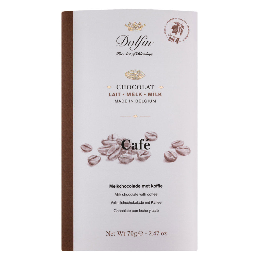 Dolfin Schokolade Café Vollmilchschokolade mit Kaffee, 70 g - Milchschokoladentafel mit Kaffee, verpackt in einer weißen Hülle mit Kaffeebohnen-Illustrationen.