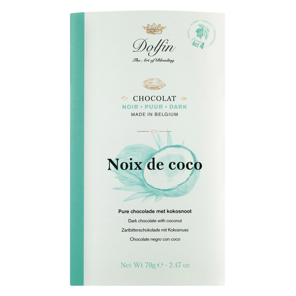 A Dolfin Schokolade Zartbitterschokolade mit Kokosnuss, 70 g, Riegel mit grünem Akzent und Kokosnuss-Motiv.