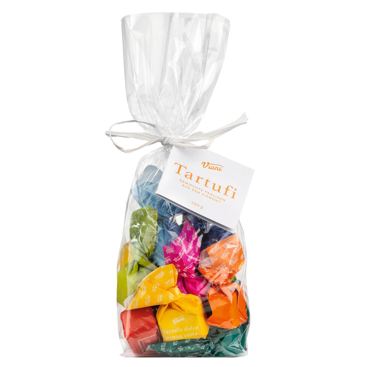 Ein durchsichtiger 200g-Beutel mit Viani & Co. Tartufi dolci misti - ein Sortiment von Trüffelpralinen in 9 Geschmacksrichtungen - mit einer weißen Schleife und der Aufschrift Tartufi.