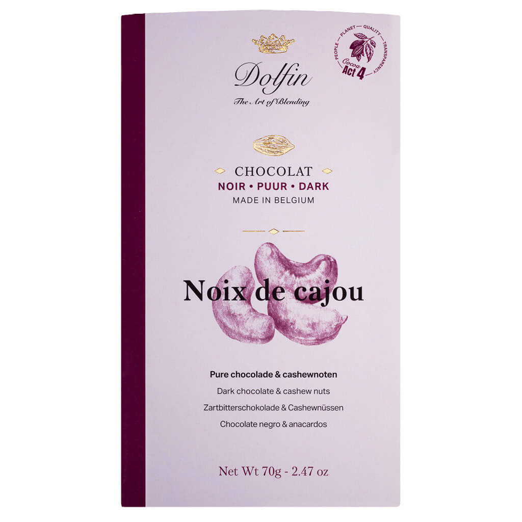 Vorderseite einer Dolfin Schokolade Zartbitterschokolade mit Cashewnüssen 70 g Bar, mit Abbildungen von Cashewnüssen und Produktinformation.