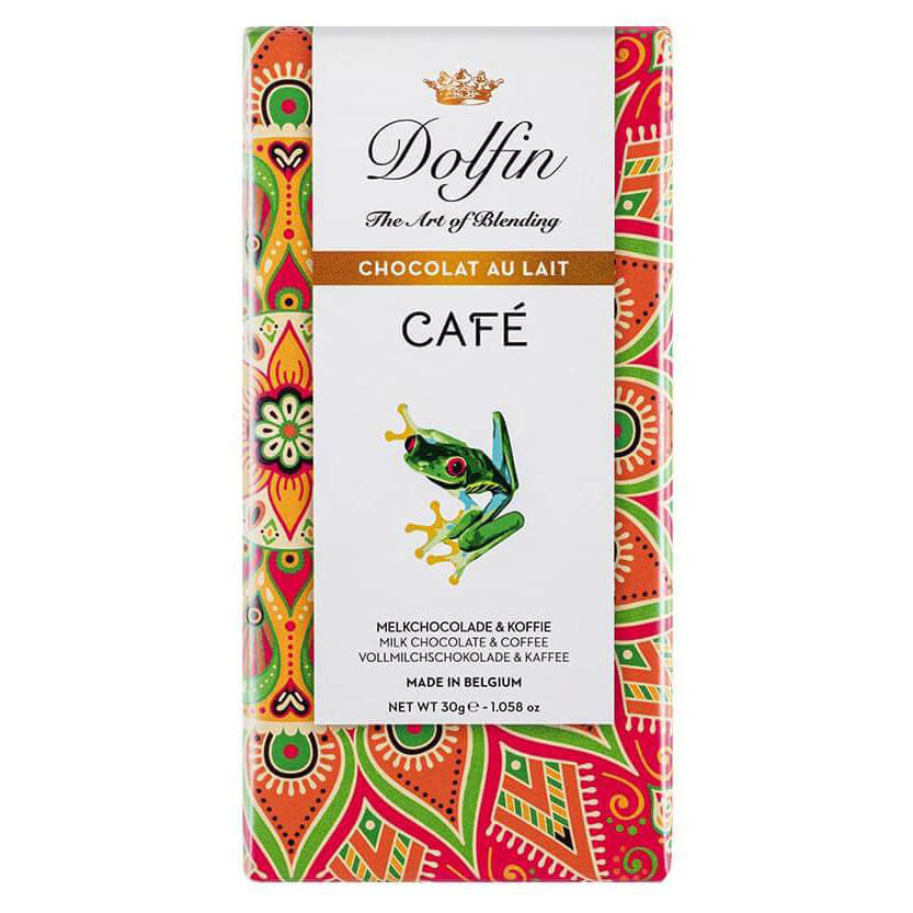 Dolfin Schokolade Dolfin Cafe Vollmilschokolade mit Kaffee, 30 g, hat eine farbenfrohe Verpackung mit Froschmotiv und dekorativen Mustern.