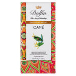 Dolfin Schokolade Dolfin Cafe Vollmilschokolade mit Kaffee, 30 g, hat eine farbenfrohe Verpackung mit Froschmotiv und dekorativen Mustern.