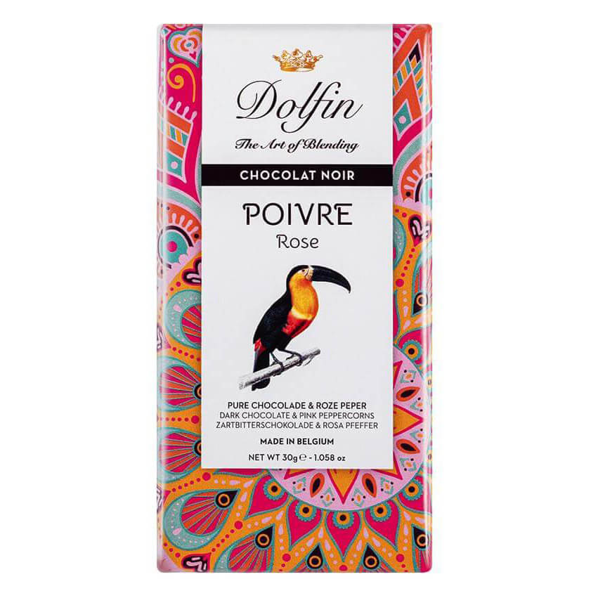 Dolfin Schokolade Poivre Rose Zartbitterschokolade mit rosa Pfeffer, 30 g - dekorative Verpackung mit einem Tukan.