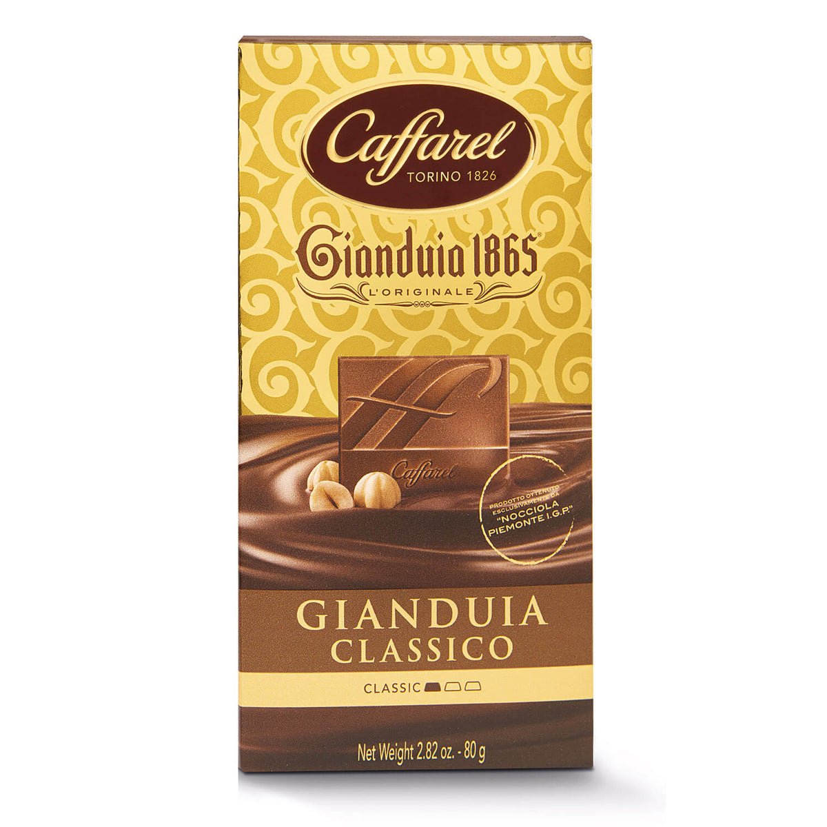 Eine 80g Vollmilchschokolade mit Gianduia von Caffarel S.p.A. in einer goldenen und braunen Verpackung.