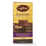 Caffarel S.p.A. Zartbitterschokolade mit Gianduia, 80g Tafel, in gold-brauner Verpackung mit Haselnüssen.