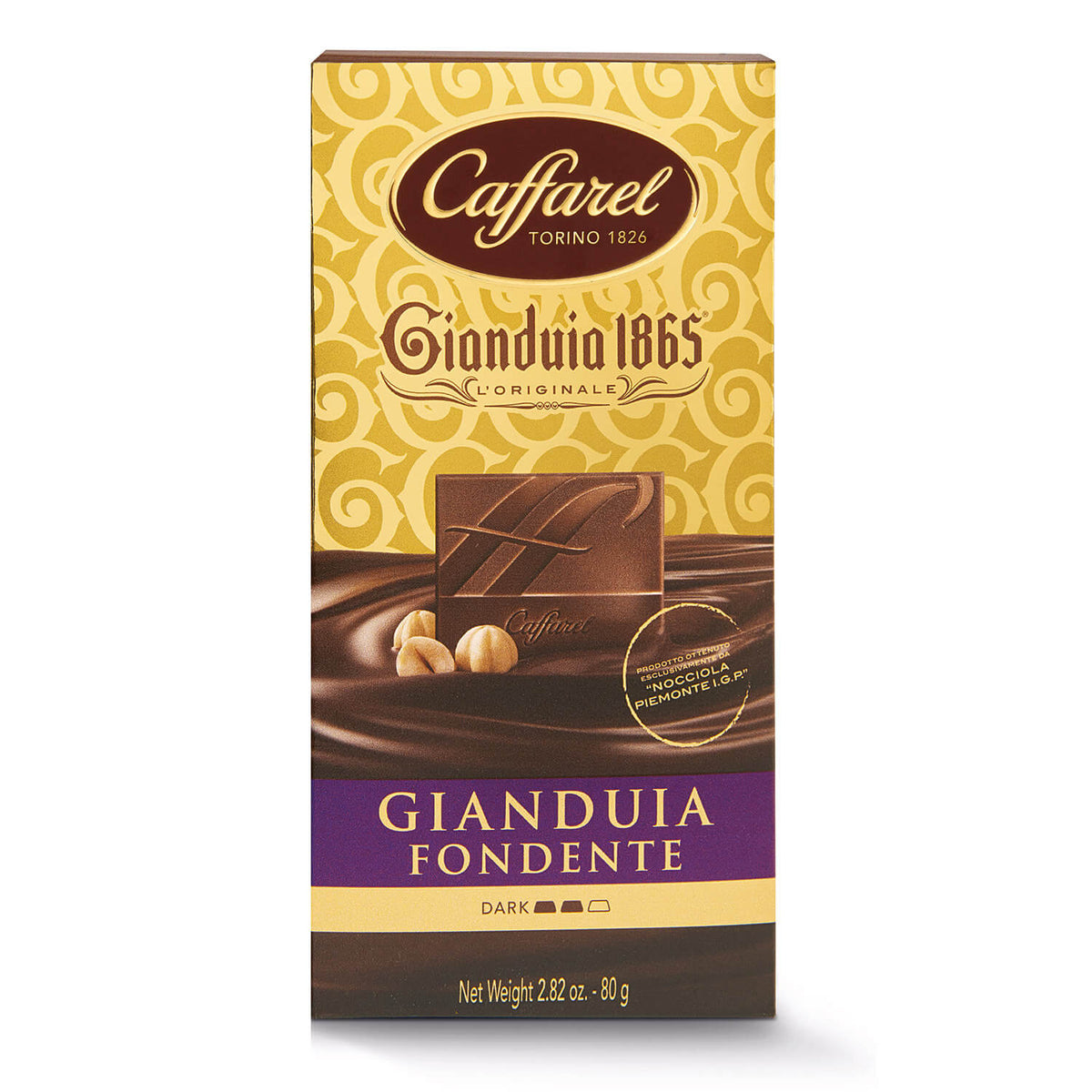 Caffarel S.p.A. Zartbitterschokolade mit Gianduia, 80g Tafel, in gold-brauner Verpackung mit Haselnüssen.