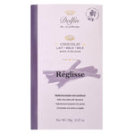 A 70 g Dolfin Schokolade Vollmilchschokolade mit Lakritz, im hellvioletten Umschlag, mit dem Aufdruck "Réglisse".