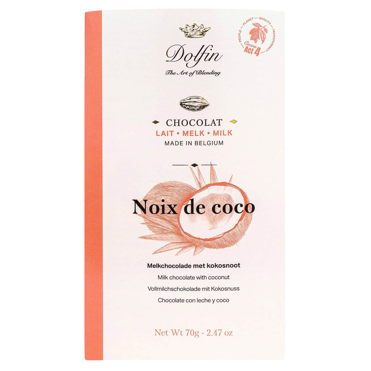 Dolfin Schokolade Vollmilchschokolade mit Kokosnuss, 70 g, in einer weißen und pfirsichfarbenen Verpackung mit Kokosnuss-Motiv.