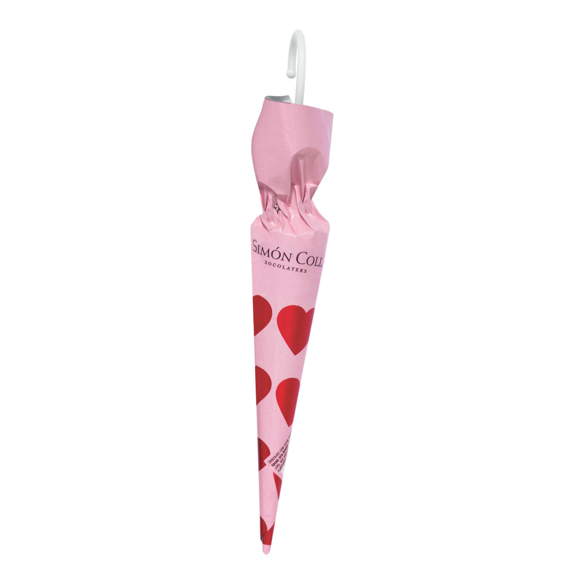 A Schokoladenschirm mit Herzchen von Simón Coll, 35 g - rosa, herzgemustert, in Folie verpackt und mit weißem Kunststoffhaken.