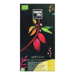 Die Bitterschokolade 95% Kakao, Bio von Chocolate Orgániko (70 g) zeichnet sich durch farbenfrohe botanische Illustrationen auf der Verpackung und den Text "95% Cacao Organic Dark Chocolate" auf der Vorderseite aus.