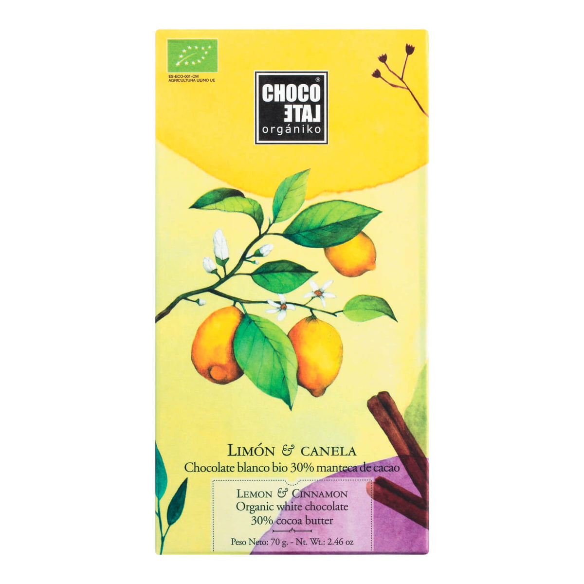 Weiße Schokolade mit Zitrone & Zimt Bio von Chocolate Orgániko, 70 g, zeigt Zitronen und Zimtstangen auf der Verpackung.