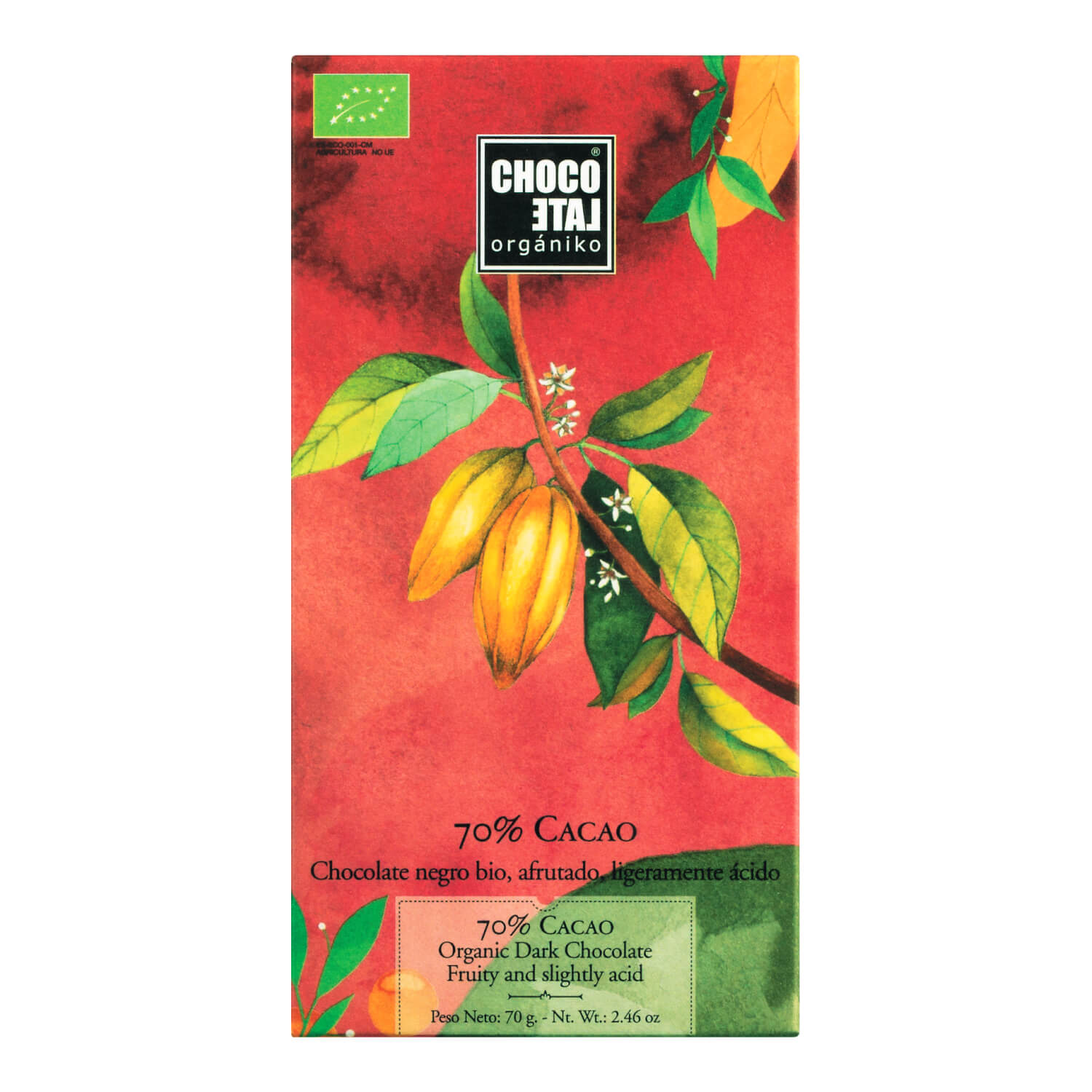 Eine 70-g-Tafel Zartbitterschokolade Bio von Chocolate Orgániko mit bunten Kakaoschoten auf dem Deckblatt.