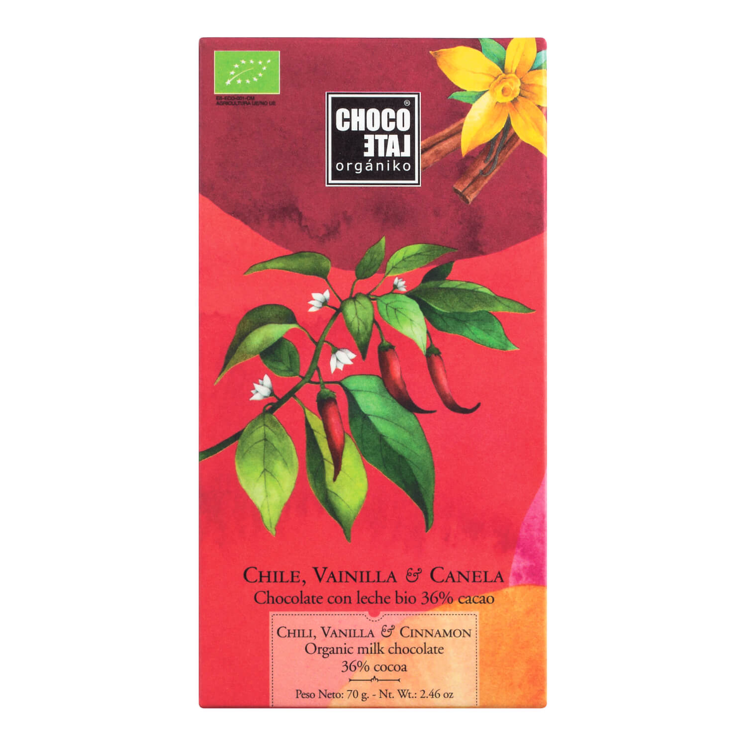 Rote Verpackung mit Abbildungen von Chili, Vanille und Zimt, Aufschrift "Vollmilchschokolade mit Chili, Vanille & Zimt Bio von Chocolate Orgániko, 70 g.