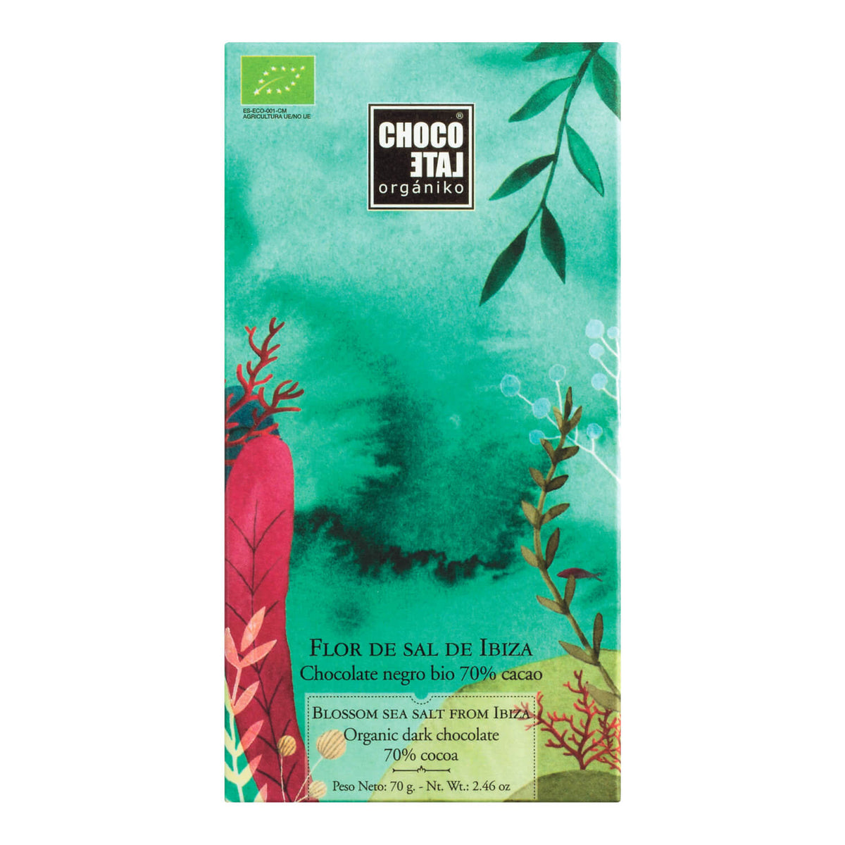 Eine 70g Zartbitterschokolade mit Fleur de Sel Bio von Chocolate Orgániko, Bio-Bitterschokolade mit 70% Kakaoanteil.