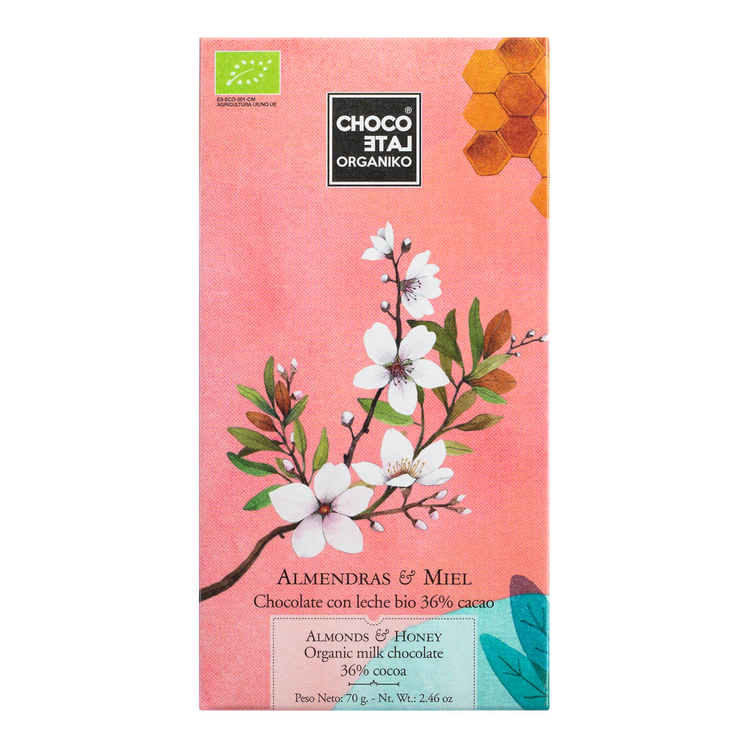 Ein rosafarbenes Deckblatt mit weißen Mandelblüten, Honigwaben und Text unterstreicht die 70 g Bio Vollmilchschokolade mit Mandeln & Honig von Chocolate Orgániko.