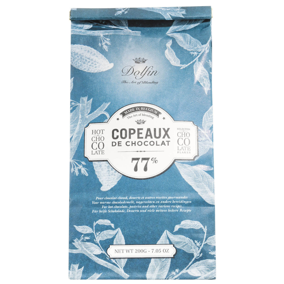 Blaue Packung Dolfin Schokolade Trinkschokolade, Copeaux de Chocolat 77% Kakao, 200g, mit floralem Muster und weißem Etikett.