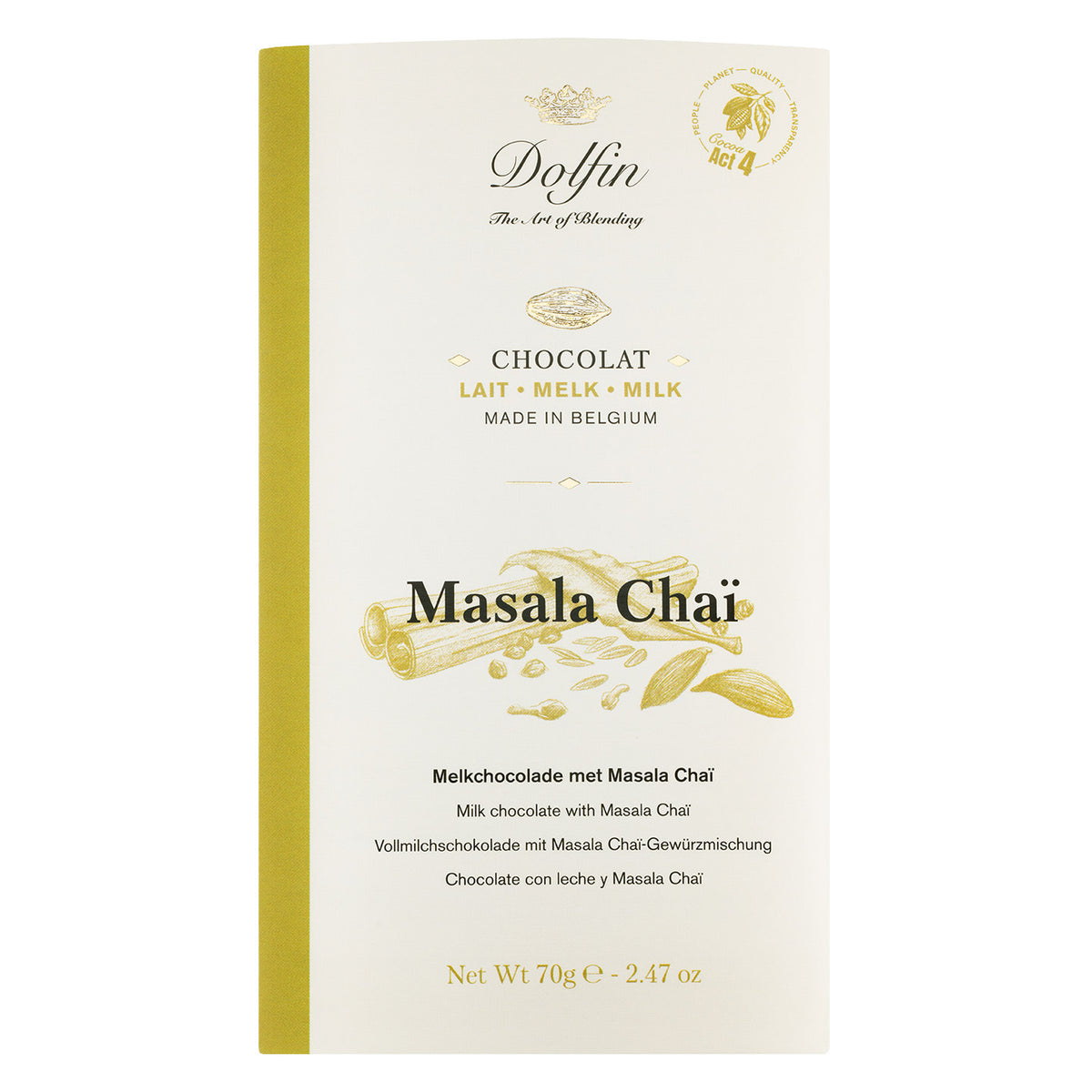 Dolfin Schokolade Vollmilchschokolade mit Masala Chai, 70 g, mit botanischen Illustrationen auf weiß-goldener Verpackung.