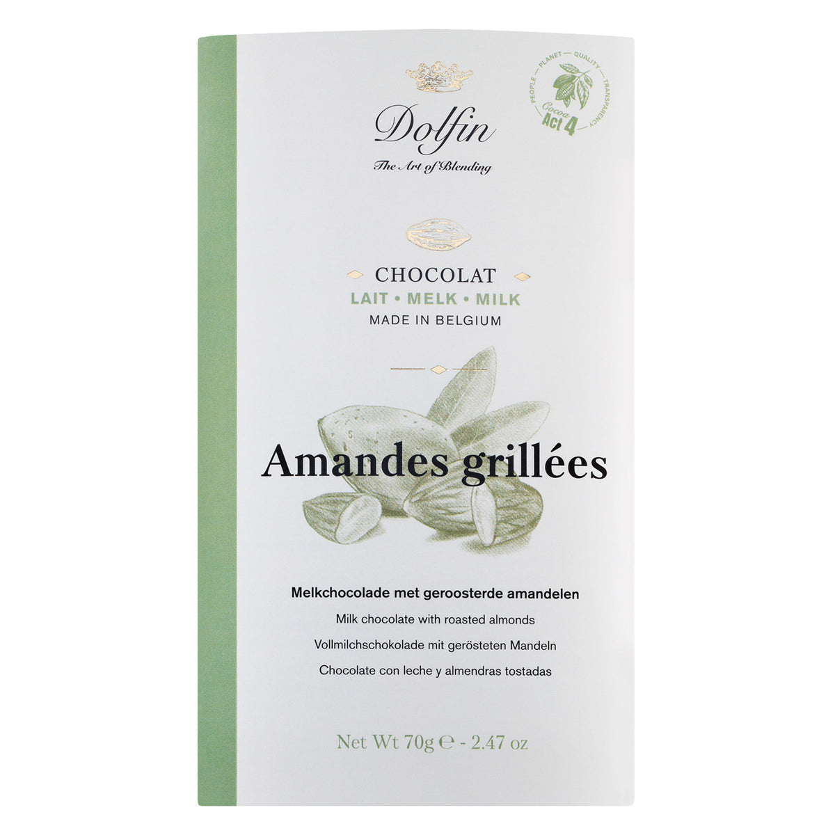 Dolfin Schokolade Vollmilchschokolade mit Mandeln, 70 g: Die Verpackung zeigt grüne Akzente, Illustrationen von Mandeln und den Schriftzug "Amandes grillées" als Blickfang.