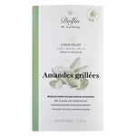 Dolfin Schokolade Vollmilchschokolade mit Mandeln, 70 g: Die Verpackung zeigt grüne Akzente, Illustrationen von Mandeln und den Schriftzug "Amandes grillées" als Blickfang.