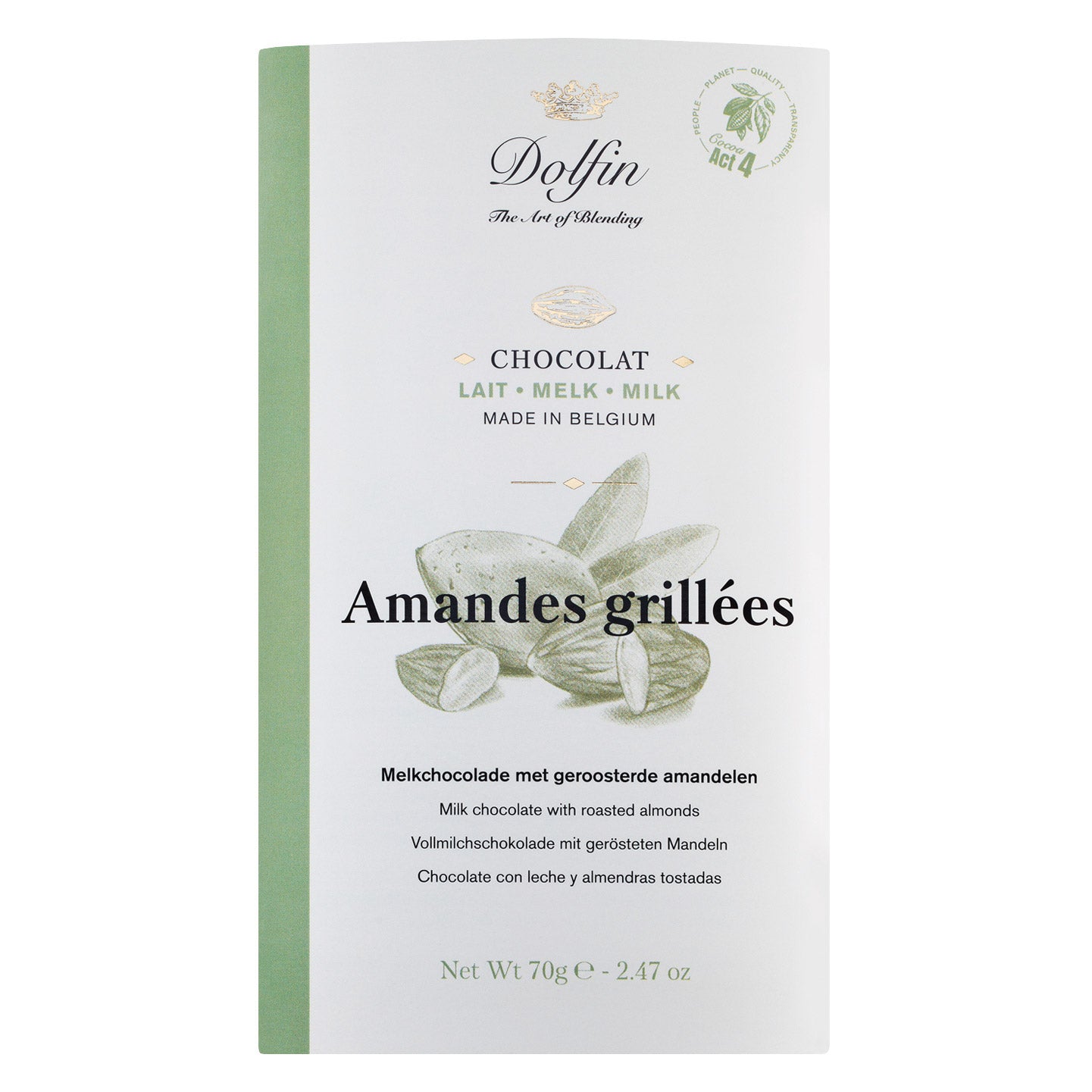 Dolfin Schokolade Vollmilchschokolade mit Mandeln, 70 g: Die Verpackung zeigt grüne Akzente, Illustrationen von Mandeln und den Schriftzug "Amandes grillées" als Blickfang.