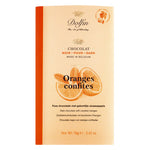Die Dolfin Zartbitterschokolade mit Orangenschalen (70 g) von Dolfin Schokolade zeichnet sich durch kandierte Orangenschalen aus, deren Umhüllung aus Sahne und Orangen mit Orangenscheiben besteht.