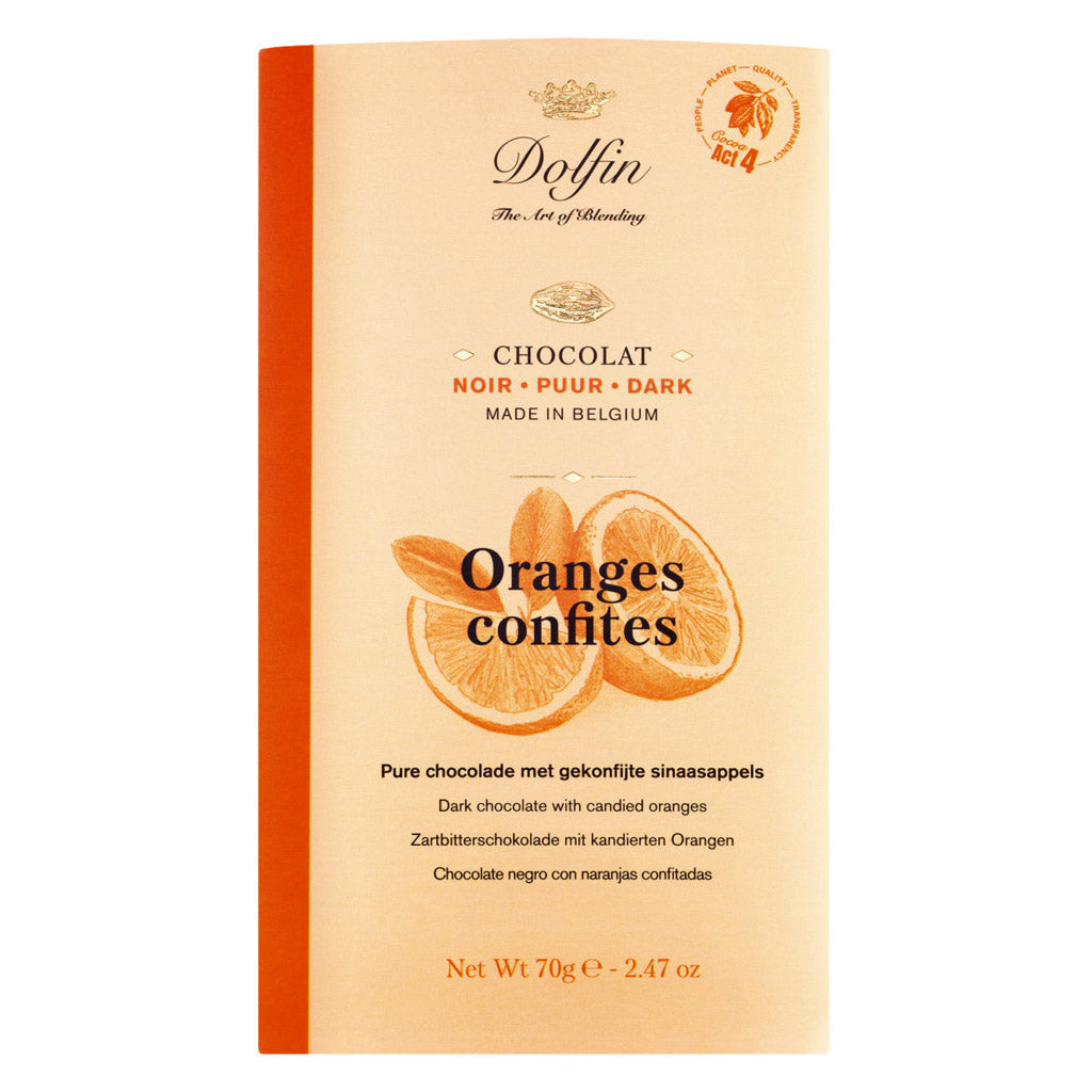 Die Dolfin Zartbitterschokolade mit Orangenschalen (70 g) von Dolfin Schokolade zeichnet sich durch kandierte Orangenschalen aus, deren Umhüllung aus Sahne und Orangen mit Orangenscheiben besteht.